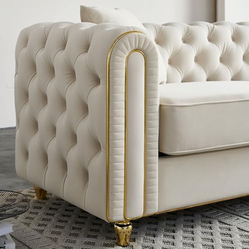 Image of KEIKI 86 inch Chesterfield Velvet Button Tufted Sofa with High Density Foam Cushions and 2 Toss Pillows, Modern Style 3-Seater Couch with Gold Strip Trim Decoration, Easy Assembly, for Living Room, Beige