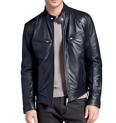 Mens Genuine Leather Jacket Cowhide Motorbike Motorcycle Moto-Jacket Real Leather Black/Brown2