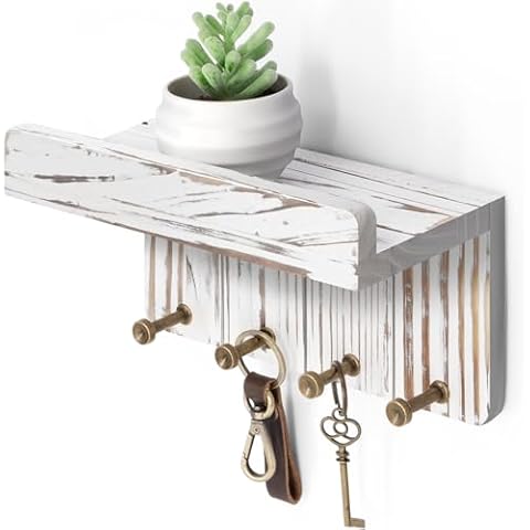 Rebee Vision Farmhouse Key Holder Wall Mount - Decorative Key and Mail Holder for Wall with Small Floating Shelf and 4 Key Hooks - Room Decor Aesthetic (Whitewash) Cover