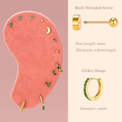 KRFY 25Pcs Hypoallergenic Surgical Steel Earrings for Sensitive Ears 14K Gold Plated Flat Back Cartilage Earrings for Women Men Screw Back Flatback Stud Hoop Earring Set for Multiple Piercing2