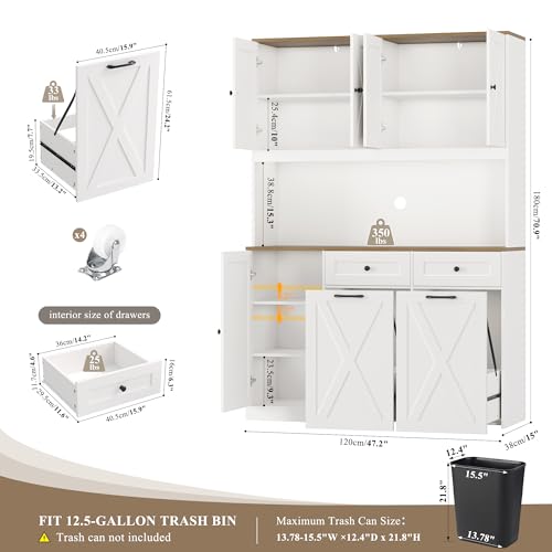 HOSTACK 71"H Kitchen Trash Can Cabinet, 12.5 Gallon Double Pull Out Garbage Can Hutch Cabinet with Trash Bin Storage Holders, 47" Wide Kitchen Pantry with Hidden Garbage Storage for Dining Room, White - Image 4