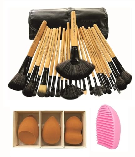 Image of Puna Store Combo Set of 24 Piece Premium Synthetic Makeup Set (Bamboo) with 3pc Makeup Blender Set, Makeup Brush Cleaning Egg, Cruelty-Free Vegan Brushes, Kabuki Foundation, Eye Shadow Blending, Face Pack, Contouring, Highlighting