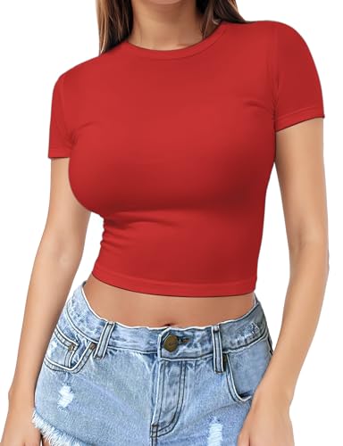 YOGINGO Womens Short Sleeve Crop Top Crew Neck Y2K Shirt Sexy Slim Fitted Casual Base Layer Lightweight Soft Tops Workout Shirts 2025 Women's Clothing XS-XL Underwear Red
