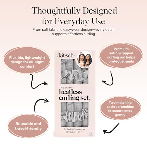 Kitsch Set Arricciacapelli In Raso Senza Calore Da 86,4 Cm E 2 Elastici In Raso, Comodi Bigodini Per Dormire Senza Effetto Crespo, Senza Danni Da Calore, Argento - 4