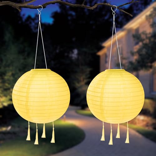 HOTUT Farolillos Solares Exterior, 2 Piezas 25cm Farolas Solares Exterior Colgantes Blanco Calido, Luces LED Jardin de Nailon, Impermeable Luces Decoración para Acampar, Jardín, Terraza, Porch, Bodas