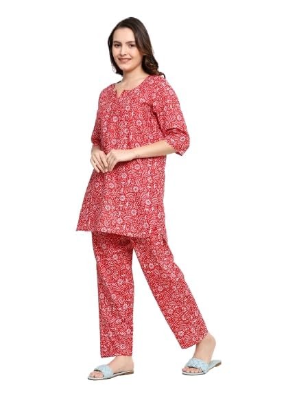 Image of Vlazom Women's Cotton Night Suit Set - Printed Co-Ord 2-Piece Pajama Set | Soft Sleepwear & Loungewear for Women (Red, S)