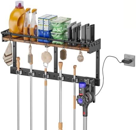 Broom Holder Wall Mount with Shelf, Broom Hanger with Vacuum Orga...