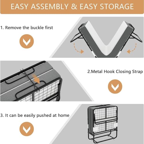 WHHXY Portable Steel Frame Folding Bed with Mattress 190cm*80cm Folding Bed with 5 Inch Thick Memory Foam Mattress with Pulley - Image 7