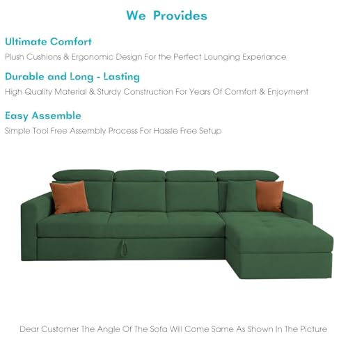 Image of Casaliving Gagnon RHS 6 Seater L Shape Corner Sofa Cum Bed for Living Room (Green Fabric) Premium Fabric Sofa