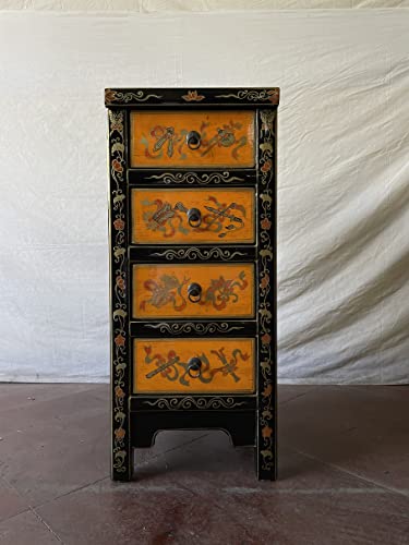 Dynamic24 Commode chinoise tibétain style asiatique avec 4 tiroirs Largeur 38 x Hauteur 88 cm Couleur : rouge et jaune