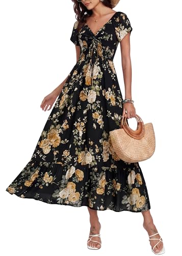 Image of Summer Smocked Boho Maxi Dress for Women 2026 Short Sleeve Floral Smocked Flowy Ruffled Beach Vacation Dresses Lightweight