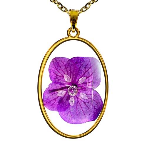 La Mejor Recopilación de Collar Morado los más solicitados. 48 TAMI Dije para Mujer Dorado con Flor Natural de Hortensia Morada - Collar con Zirconias y Naturaleza - Accesorio de Joyería Artesanal con Cristales