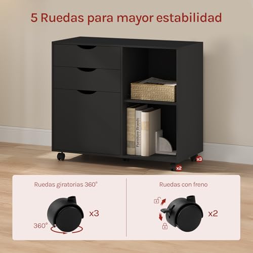 WOLTU Archivador Móvil, Cajonera de 3 Cajones y 2 Estantes Abiertos, con 5 Ruedas y Barra Colgante, Armario de Oficina para Carpetas y A4, 80x39,5x69,5 cm, Negro - imagen 4