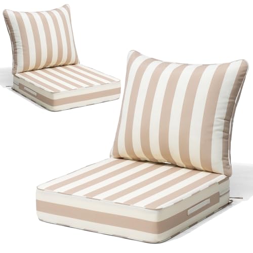 Crestlive 5.5 Outdoor Cushion for Patio Furniture Set of 2 24 x 24 Waterproof and Fade-Resistant Deep Seat Cushions for Chair Wicker Sofa and Couch Tan White Striped