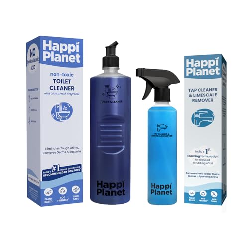 Image of Happi Planet | Tap Cleaner & Limescale Remover and Organic Toilet Cleaner Combo | Tap Cleaner - India's 1st Foaming Formulation for Reduced Scrubbing | Toilet Cleaner- To Eliminate Tough Grime & Germs