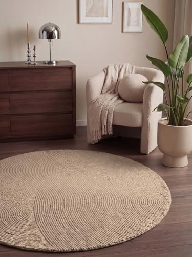 Hanse Home Wollteppich Calmio - Natur Wohnzimmerteppich Rund - Handgetuftet - Hygge Skandi, Boho Teppich Wolle für Wohnzimmer, Schlafzimmer, Esszimmer, Flur - Hellbeige, Ø150cm