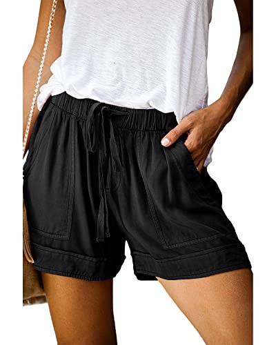 Btfbm Women Casual Shorts Plain Solid Color Elastic Waist Drawstring Summer Beach Lightweight Soft Short Lounge Pants (Solid Black, Medium) #TOP5