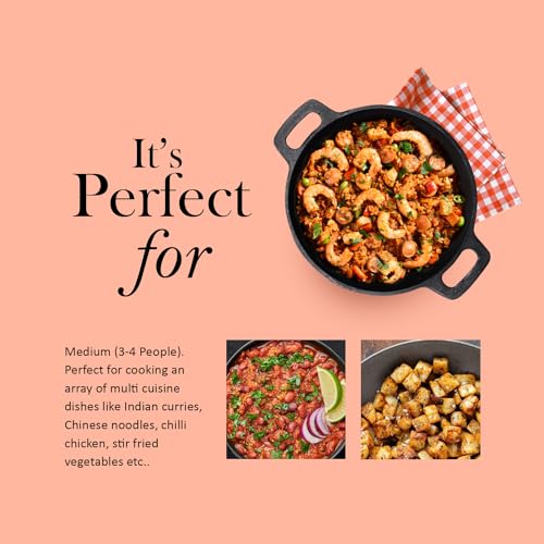 Image of Kichera Pre Seasoned Cast Iron Kadai with 2 Loop Handles (10 Inch) | 2.5kg, 2.5L Capacity | Cookware for Deep Frying | Wok, 26cm Diameter | Kadhai Non Stick |Pure & Toxin-Free