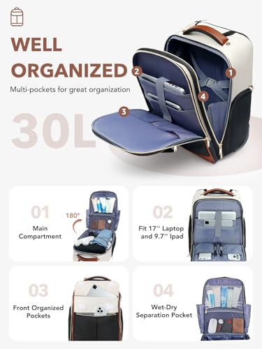 Rolling Backpack for Women, Large Travel Backpack with Wheels Carry on Flight Approved, 17 Inch Laptop Wheeled Roller Bag Suitcase Luggage for Work Bussiness Weekender (Beige,L Underseat Size)4