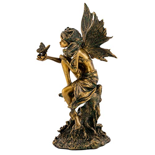 Top Collection Fairy Playing With Butterfly On Tree Stump Statue- Hand Painted Beautiful Magical Creature With Bronze Finish Look - 8-Inch Collectible Fantasy Figurine #TOP2