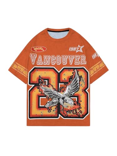 WDIRARA Men's Eagle Letter Graphic Street T Shirt Oversized Short Sleeve Crewneck Tee Top Orange Small