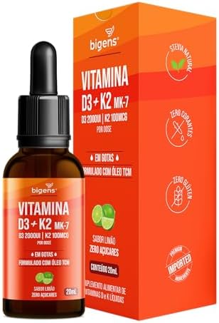Vitamina D3 + K2 MK-7, em Gotas, D3 2000UI | K2 100mcg, sabor lim...