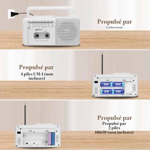 Magnétophone Portable, Lychee magnétophone à Cassettes Vintage avec Radio AM/FM/SW, Haut-Parleur intégré, Prise Casque AC/DC/3,5 mm, Support de Carte TF/entrée USB (Blanc) – vue 6