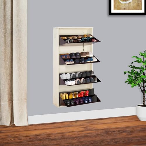 Image of DELITE KOM 29 inch Wide, 8 Shelf Metal Shoe Rack Wall Mounted for Home with Central Lock | Holds Upto 28 Shoes or 48 Slippers Pair | Double Decker, 1Yr Warranty, (54x29x8, Ivory Coffee), DIY, Space Saver