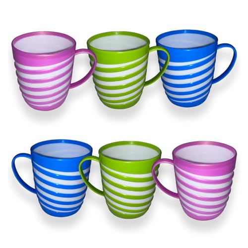 KANSY Plastic Mug with Handle Lightweight Unbreakable Reusable Cups for Adults Elderly Kids to Drink Hot Cold Coffee Tea Water Office Travel Party Camping Caravan Picnic (6 Striped)