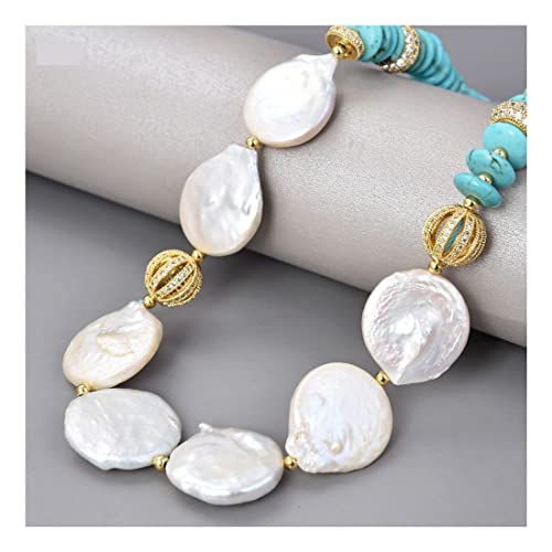 Perle Keshi blanche d'eau douce collier bijoux turquoise bleue 20inch - 3