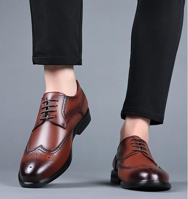 Men's Genuine Leather Oxford Shoes Low Top Formal Business Non-Slip Dress Shoes Wedding Office Derby Shoes for Men(Brown,8.5)2