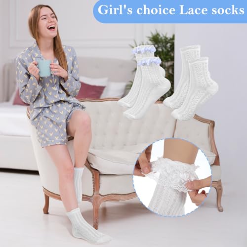 Image of CIATBYYJ 5 Pairs White Lace Socks Women, Elastic and Comfortable Frilly Socks Women, Lace Ruffle Sock Matching with Dresses, Skirts, Sneakers, Loafers, Durable Cotton Ruffled Sock for Womens