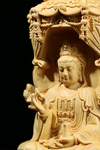 Xiledu Hand Carved Boxwood Quan Yin Statue,Three Sides Buddha Amitabha - Kuan Yin - Mahasthamaprapta Bodhisattva Home Office Feng Shui Decor,Small Buddha Statue Garden Shelf Decoration #TOP4