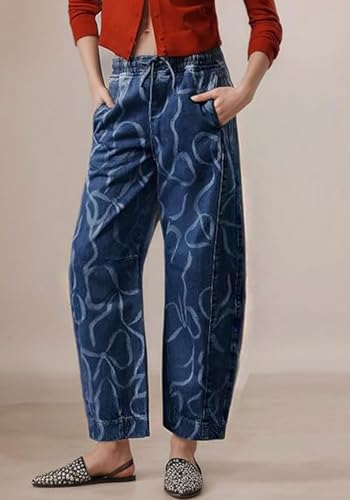 loveimgs Women Stretch Baggy Mid Rise Barrel Jeans Y2k Stripe Printed Wide Leg Denim Pants Boyfriend Drawstring Jeans2