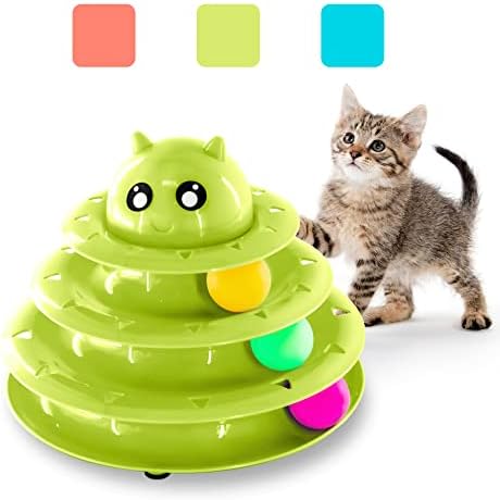 FurDreams Cat Roller Ball Toy Interactive - Green | 3 Tier Tower Fun Cat Ball Toy with 3 Colour Balls | 3 Level Cat Teaser Toy with Cat Play Balls | Cat Puzzle Toy for Exercise and Stimulation