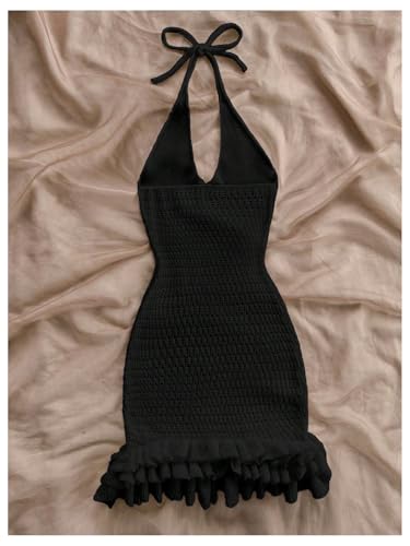 Image of GORGLITTER Women's Vacation Outfit Crochet Halter Knit Bubble Mini Dress Sexy Beach Cruise Summer Miami Resort Outfits