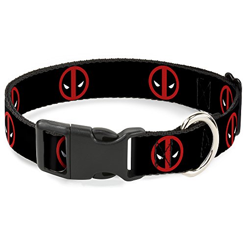Dog Collar Plastic Clip Deadpool Logo Black Red White 9 to 15 Inches 1.0 Inch Wide, Multicolor