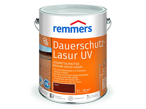 Remmers Dauerschutz-Lasur UV teak, 5 Liter, Dekorative Medium-Solid-Lasur für Außen, auch für helle Farbtöne und farblos UV+, wetterbeständig