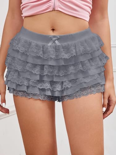 Image of Women Y2K Lace Multi-Layered Bloomers Lolita Ruffle Shorts Cute Mini Skirt | Tiered layers, elastic waist, pumpkin pants, for rave party /country concert /festival