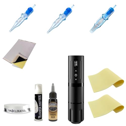 Inkone Starter Kit de tatouage sans fil : machine rotative, cuir synthétique, encre Panthera Tribal XXX, 30 cartouches Emalla, transfert solution, vaseline, papier thermique Spirit