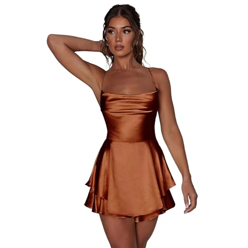 Image of AGYMNX Women Sexy Spaghetti Strap Satin Dress Sleeveless Low Cut Backless Short Romper Dress Party Jumpsuit Mini Sundress