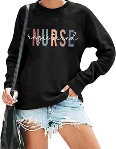LIWYLU Women Registered Nurse Sweatshirt Nurse Pullover Tops Nurse Life Sweatshirt Nursing School Long Sleeve Tees-Black2 XL