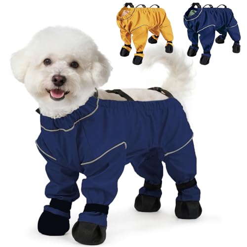 Yternal Waterproof & Dirt-Proof Dog Rain Boots for Small Medium Dogs – Adjustable One-Piece Paw Protectors with Reflective Strips and Non-Slip Soles for Rain Snow, Blue S