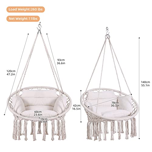 Goutime Silla hamaca, columpio colgante de macramé con cojín y kit de herramientas, columpios bohemios para adultos para exteriores, patio, balcón, dormitorio (beige) - imagen 7