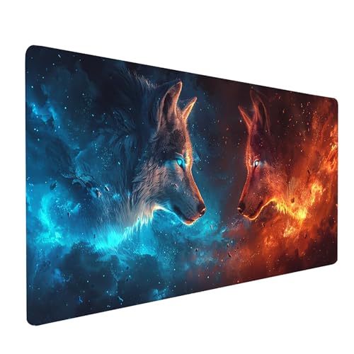 Tapis de Souris Gaming Rouge, Tapis de Souris XXL 700 x 300 mm, Tapis de Bureau avec Bords Cousus, Mouse Pad Améliorer Précision et Vitesse, Gaming Accessoire Bureau, Cadeau Femme, Loup 2-7675