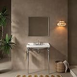 28' Bathroom Console Sink, Wall-Mounted White Ceramic Vanity Basin with 3 Pre-drilled Faucet Holes, Freestanding Chrome Stainless Steel Support Legs with Towel Bar, No Faucet - Rome, White