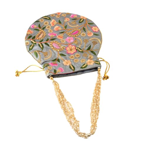 Image of Handcrafted Potli Purse with Golden Floral Embroidery and Pearl Accents
