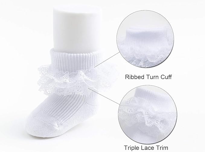 Image of Epeius Baby-Girls Eyelet Turn Cuff Ruffle Lace Socks Triple Lace Dressy Socks Newborn /Infants /Toddlers 3 /5 Pairs