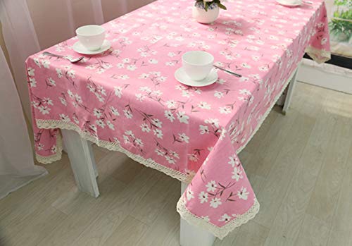 Nappe de table fleurie en coton lin avec dentelle rose finition premium - 5