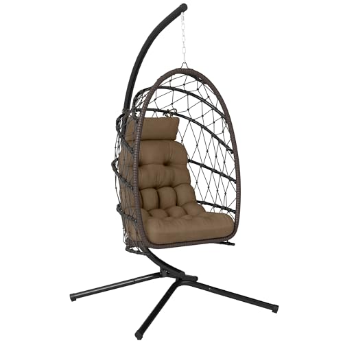 Outsunny Silla Colgante Huevo con Soporte, Columpio Jardín Exterior con Cesta Plegable de Ratán, Cojín Grueso, Reposacabezas, Altura Ajustable, Cuerda para Interior y Exterior, Marrón